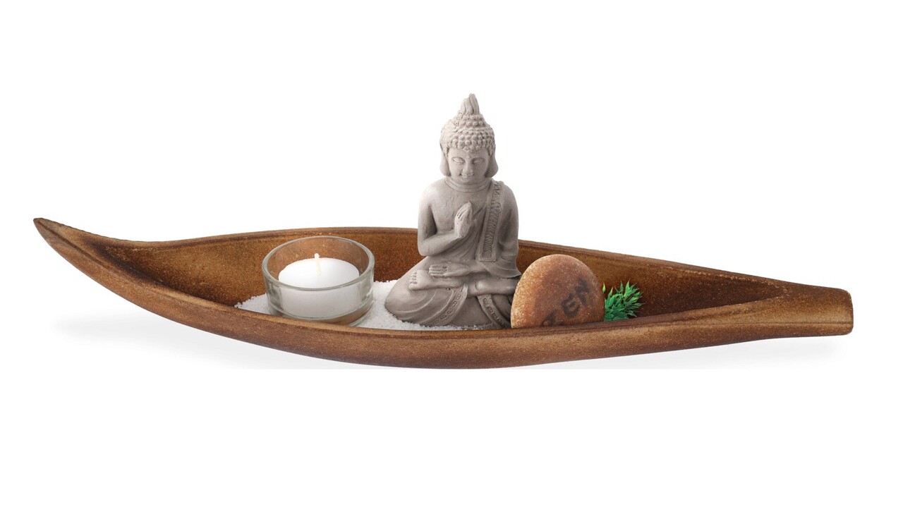 Decoratiune cu lumanare Buddha in canoe, 37x9.5x3.5 cm, lemn - imagine 3